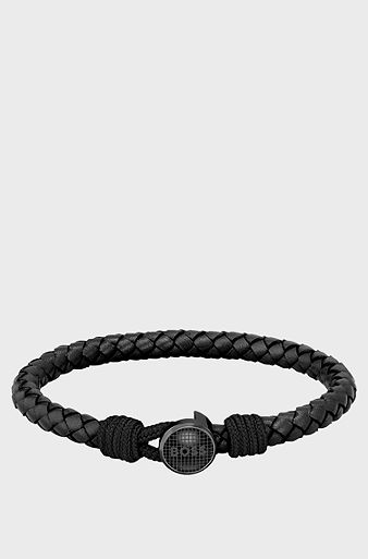 Black braided-leather cuff with branded pin, Black