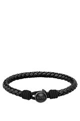 Branded-pin cuff in braided black leather, Black