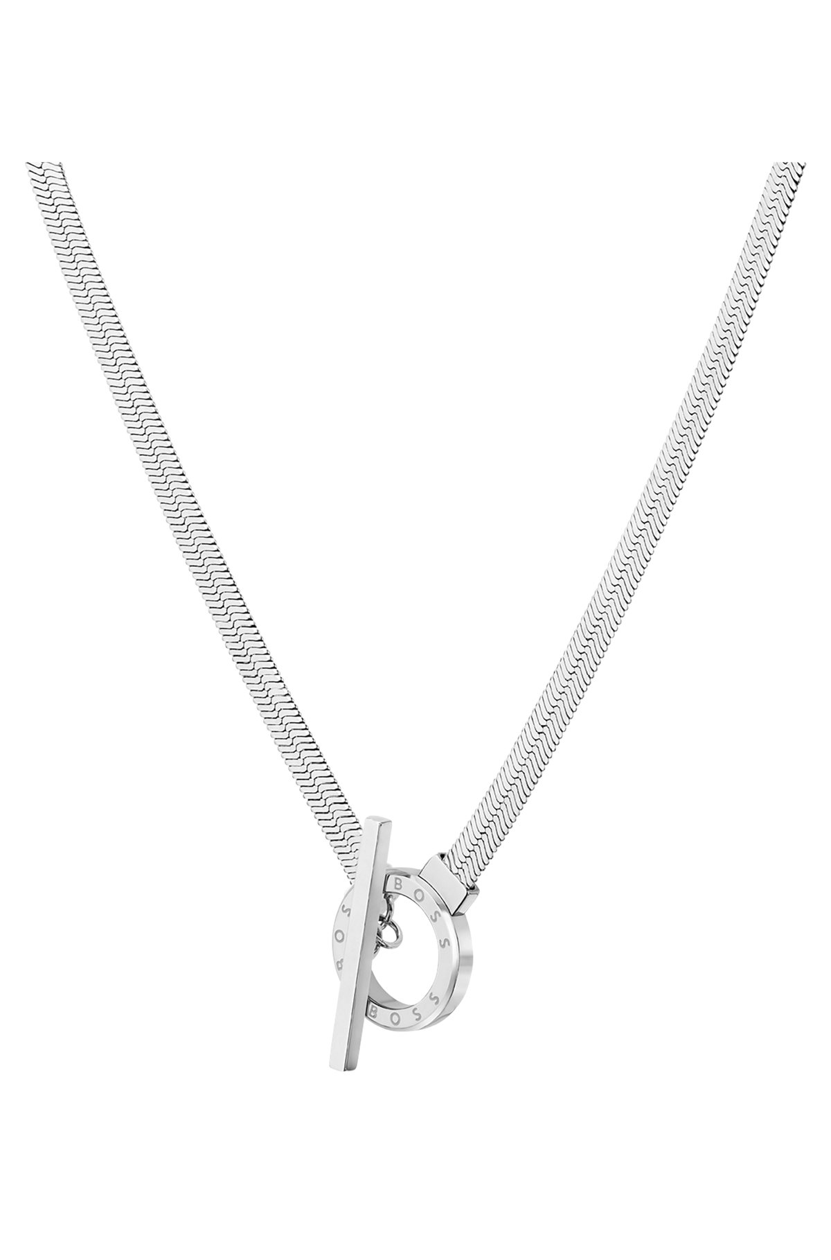 Stainless-steel necklace with logo-etched ring, Silver