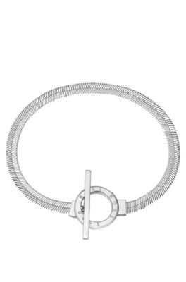 Silver-tone herringbone-chain bracelet with toggle closure, Silver tone