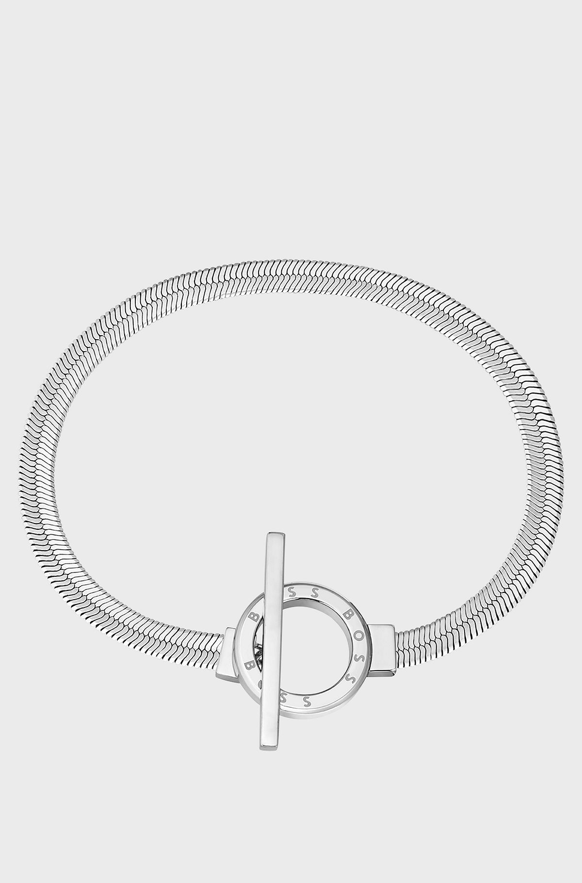 Silver-tone herringbone-chain bracelet with toggle closure, Silver