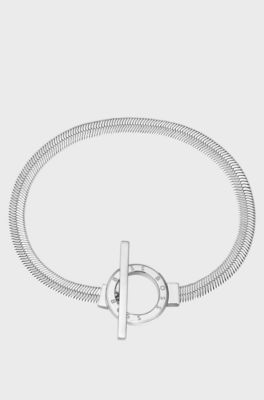 Silver-tone herringbone-chain bracelet with toggle closure, Silver tone