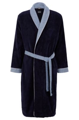 BOSS Navy cotton velvet dressing gown with embroidered logo