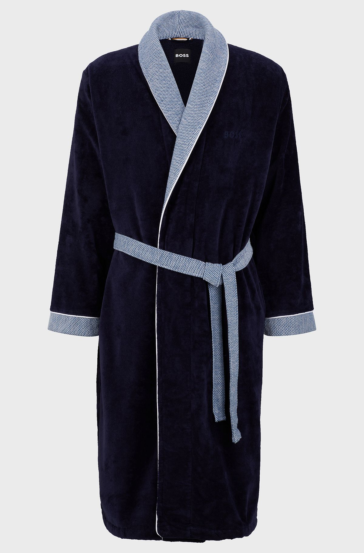 Navy cotton-velvet dressing gown with embroidered logo, Dark Blue