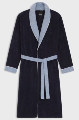 Navy cotton-velvet dressing gown with embroidered logo, Dark Blue