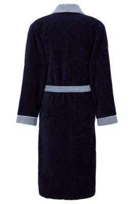 Navy cotton-velvet dressing gown with embroidered logo, Dark Blue