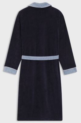 Navy cotton-velvet dressing gown with textured trims, Dark Blue