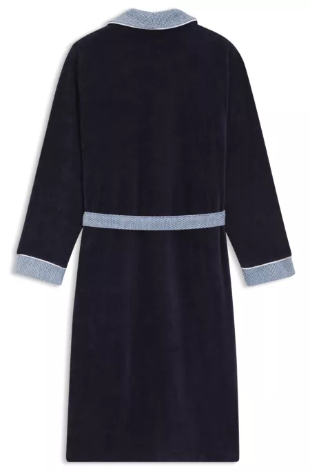 Navy cotton-velvet dressing gown with textured trims