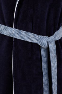 Navy cotton-velvet dressing gown with embroidered logo, Dark Blue