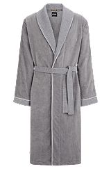 Grey cotton-velvet dressing gown with embroidered logo, Grey