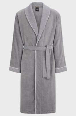 Grey cotton-velvet dressing gown with embroidered logo, Grey