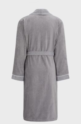 Grey cotton-velvet dressing gown with embroidered logo, Grey