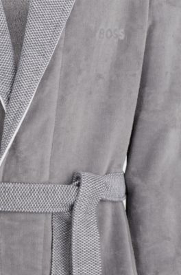 Grey cotton-velvet dressing gown with embroidered logo, Grey