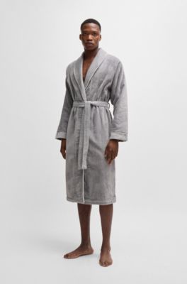 Grey cotton-velvet dressing gown with embroidered logo, Grey
