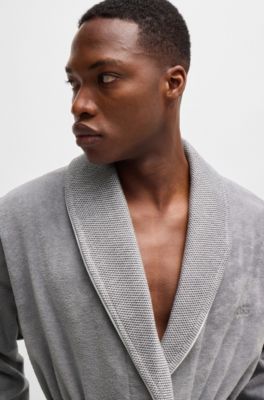 Grey cotton-velvet dressing gown with embroidered logo, Grey