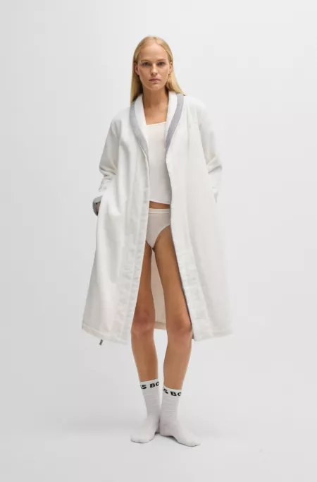 White cotton-velvet dressing gown with embroidered logo