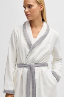 White cotton-velvet dressing gown with embroidered logo, White