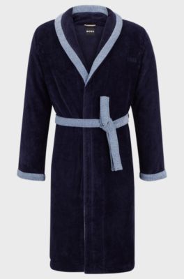 Navy cotton-velvet dressing gown with embroidered logo, Dark Blue