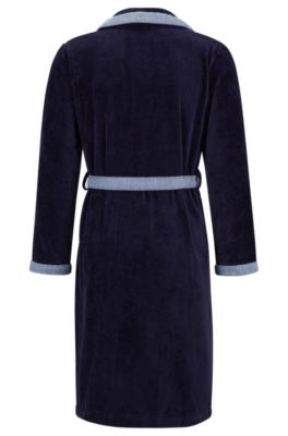 ネイビー コットンベルベット ドレッシングガウン ロゴエンブロイダリー, ダークブルー