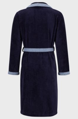 Navy cotton-velvet dressing gown with embroidered logo, Dark Blue