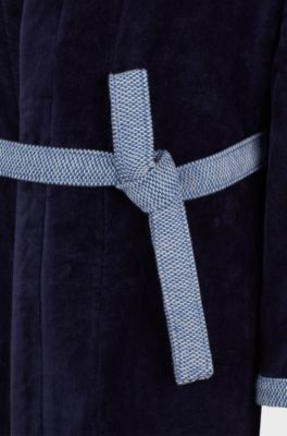 Navy cotton-velvet dressing gown with embroidered logo, Dark Blue