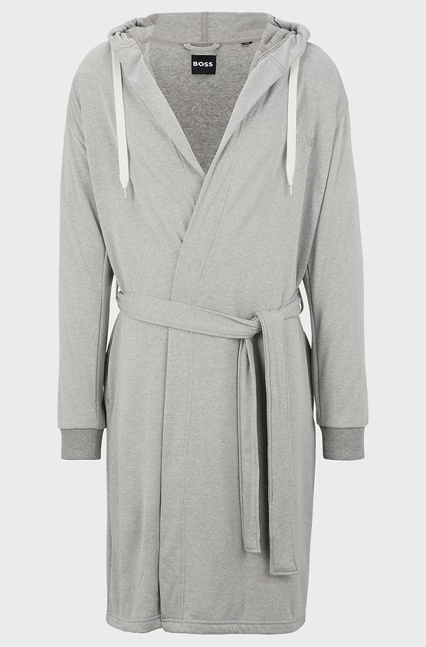 Hooded grey dressing gown with logo-print sleeves, Grey