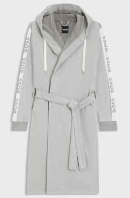 Hooded grey dressing gown with logo-print sleeves, Grey