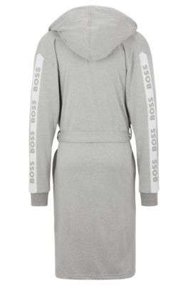 Hooded grey dressing gown with logo-print sleeves, Grey