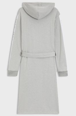 Hooded grey dressing gown with logo-print sleeves, Grey