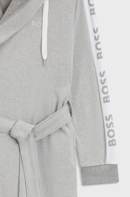 Hooded grey dressing gown with logo-print sleeves, Grey