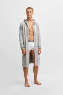 Hooded grey dressing gown with logo-print sleeves, Grey