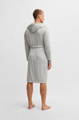 Hooded grey dressing gown with logo-print sleeves, Grey