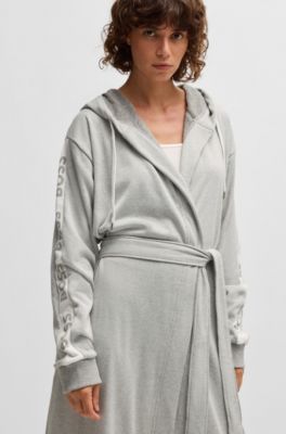 Hooded grey dressing gown with logo-print sleeves, Grey