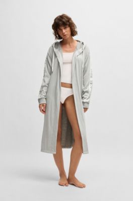 Hooded grey dressing gown with logo-print sleeves, Grey