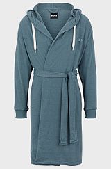 Hooded blue dressing gown with logo-print sleeves, Dark Blue