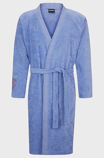 Cotton dressing gown with embroidered details, Blue
