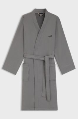 Cotton dressing gown with signature-stripe belt, Grey