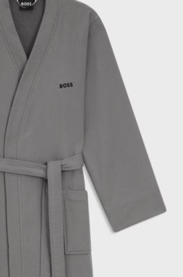 Cotton dressing gown with signature-stripe belt, Grey