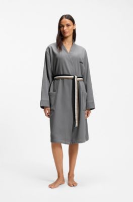 Cotton dressing gown with signature-stripe belt, Grey