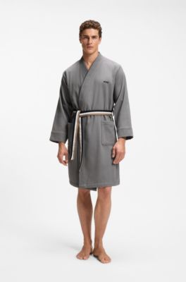 Cotton dressing gown with signature-stripe belt, Grey