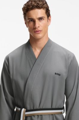 Cotton dressing gown with signature-stripe belt, Grey
