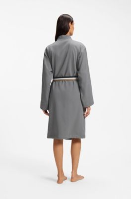 Cotton dressing gown with signature-stripe belt, Grey