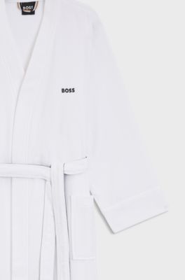 Cotton dressing gown with signature-stripe belt, White