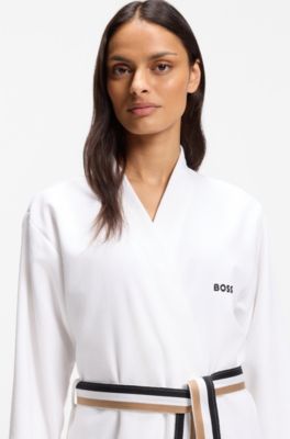 Cotton dressing gown with signature-stripe belt, White