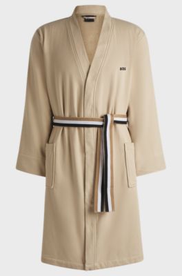Cotton dressing gown with signature-stripe belt, Beige