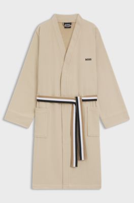 Cotton dressing gown with signature-stripe belt, Beige