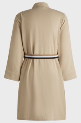 Cotton dressing gown with signature-stripe belt, Beige