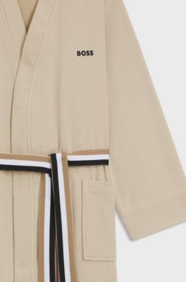 Cotton dressing gown with signature-stripe belt, Beige