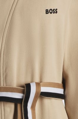 Cotton dressing gown with signature-stripe belt, Beige