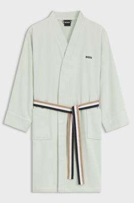Cotton dressing gown with signature-stripe belt, Light Green